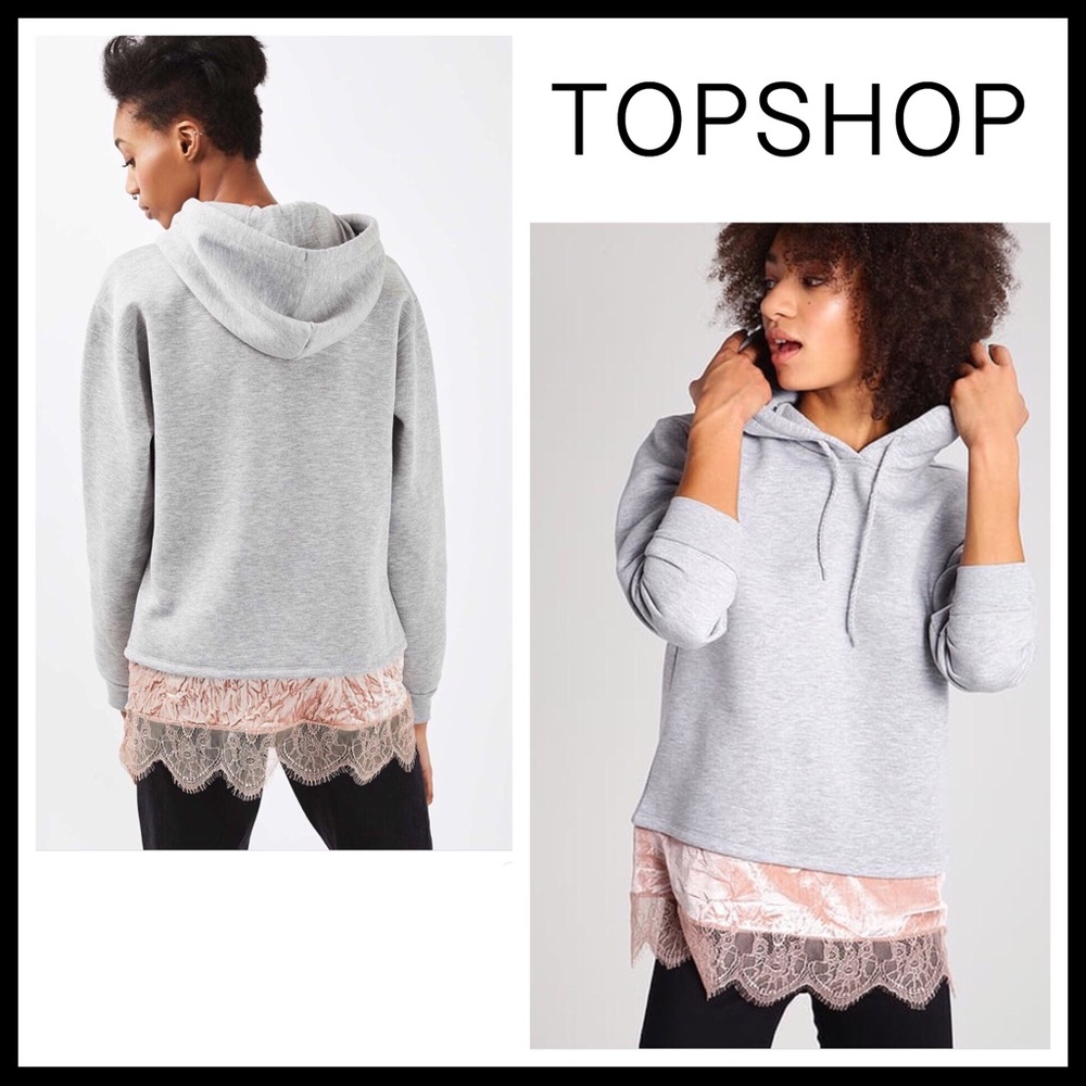 TOPSHOP PULLOVER HOODIE VELVET LACE TRIM TUNIC - Picture 8 of 8